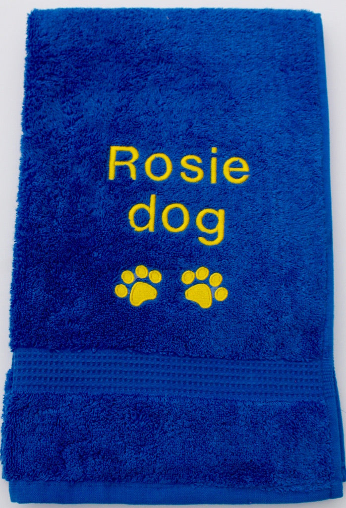 A Large Blue Pet Cat Bath Towel Personalised with name and paw prints