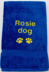 A Large Blue Pet Cat Bath Towel Personalised with name and paw prints