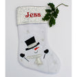 Personalised Snowman Christmas Stocking having black top hat and gloves with name embroidered