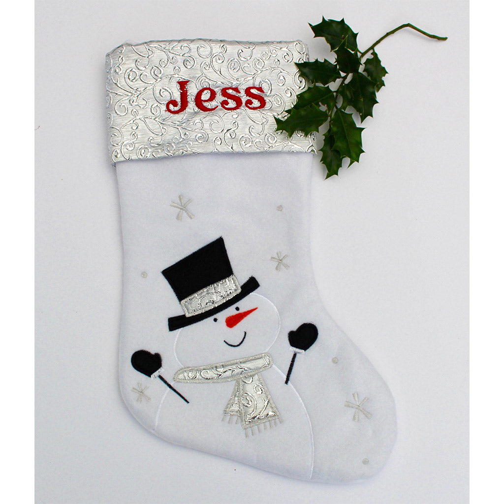 Personalised Snowman Christmas Stocking having black top hat and gloves with name embroidered