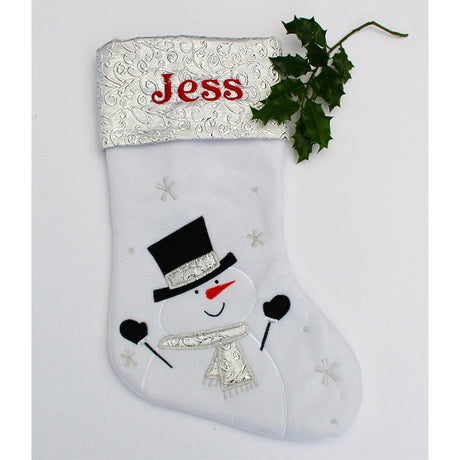 Personalised Snowman Christmas Stocking having black top hat and gloves with name embroidered