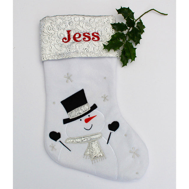 Personalised Snowman Christmas Stocking having black top hat and gloves with name embroidered