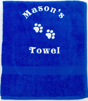 A large size blue Personalised Dog Bath Towel with name and paw prints