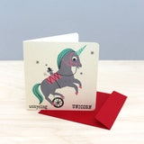 Noodoll retro style unicycling unicorn child or baby greeting card in a nostalgic flash learning cards design