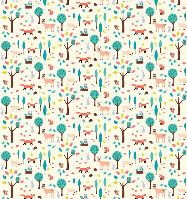 Whimsical Woodland Gift Wrapping Paper with tree, foxes and owls for Christmas, Birthdays and Christenings
