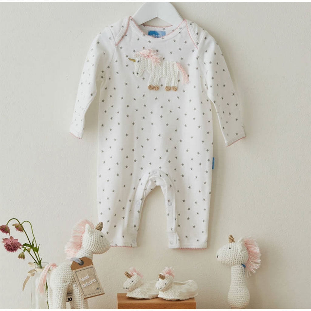 Albetta babygrow with a beautiful hand crocheted unicorn - would make the perfect baby gift for a little girl hanging on a wall