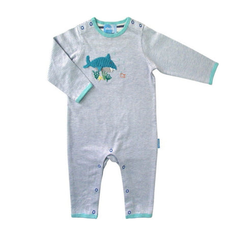 A gorgeous Albetta babygrow featuring a hand crocheted shark on a stylish blue stripe.
