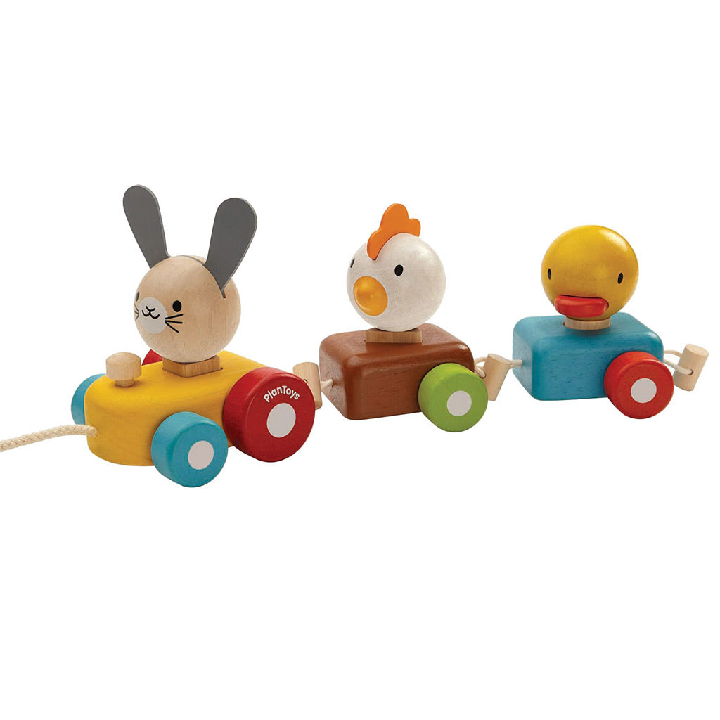Plan Toys eco friendly wooden train sorting toy with rabbit chicken duck for problem-solving skills