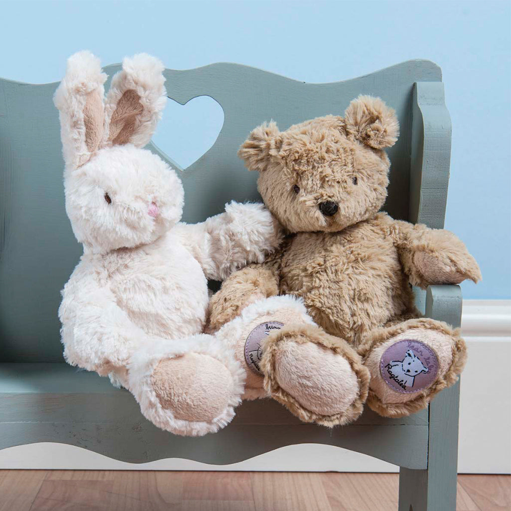 Sitting with Bo Rabbit Ragtales Darcy Bear is a gorgeous traditional Teddy Bear that comes finished in the softest white fur & velvety chocolate brown nose