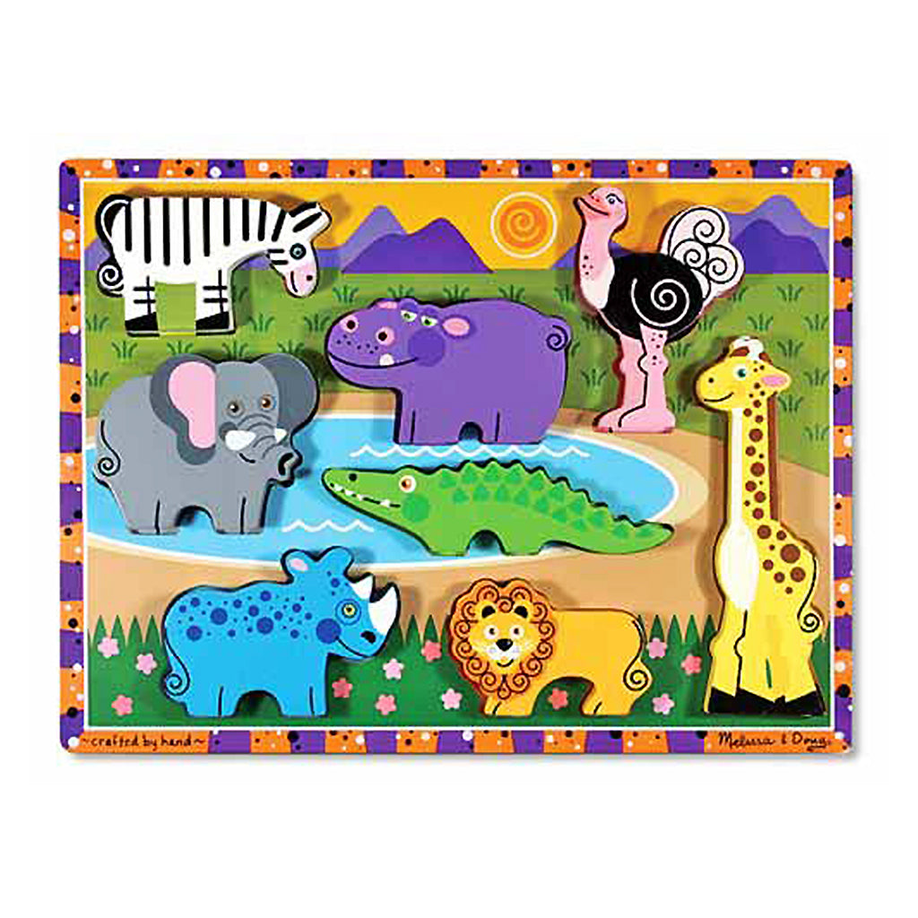 melissa and doug childrens gift wooden chunky safari puzzle with giraffe elephant crocodile zebra hippo lion