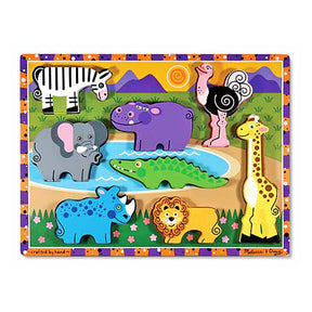 melissa and doug childrens gift wooden chunky safari puzzle with giraffe elephant crocodile zebra hippo lion