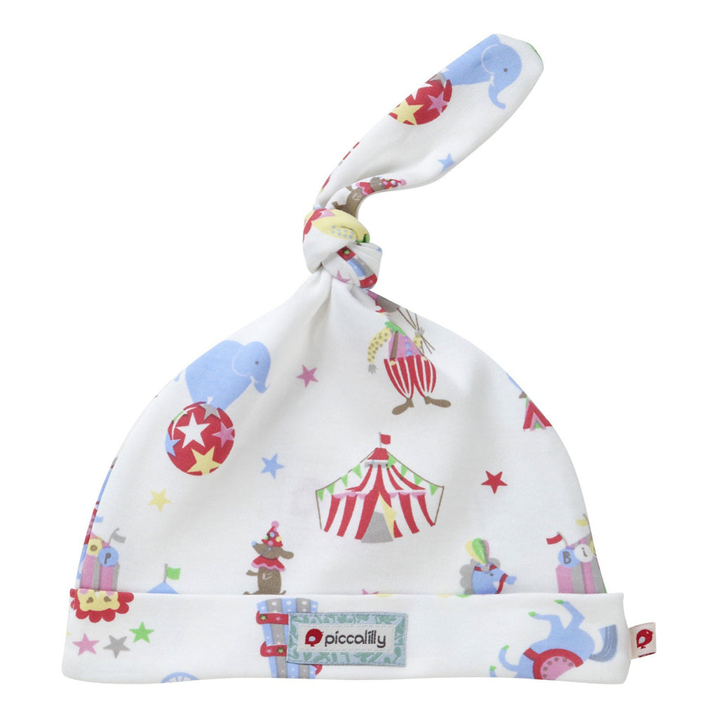 A gorgeous Retro Circus  with matching knotted hat features a beautiful circus design from Piccalilly.