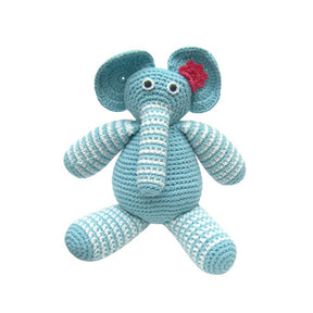 Disaster designs blue and white crocheted elephant soft baby child toy with red flower