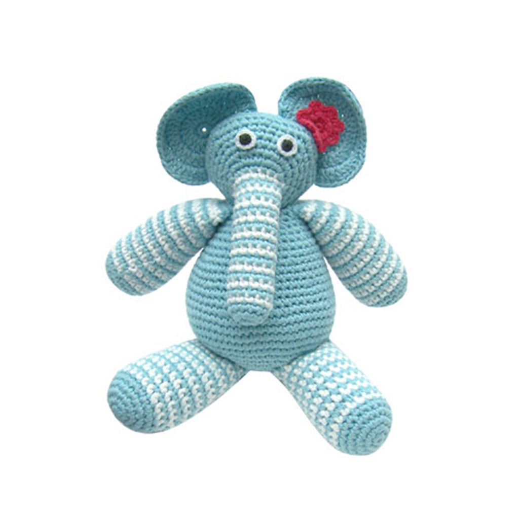 Disaster designs blue and white crocheted elephant soft baby child toy with red flower