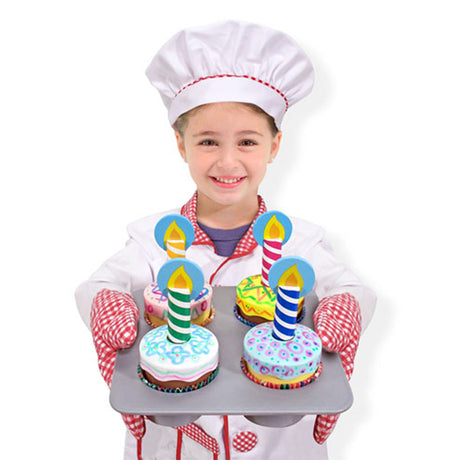 melissa and doug childrens cupcake set with candles, oven mitt, cake cases, tray and washable pens