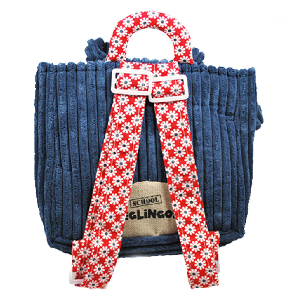 funky childrens soft thick navy corduroy backpack with adjustable colourful white flowers on red fabric shoulder straps and carry handle