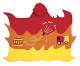 A children’s red and yellow towel robe with hose and fire trucks which is ideal for everyday use from bathtime to going swimming or the beach.