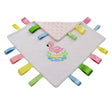 Beautiful baby taggy blanket with appliquéd pink flamingo silky satin ribbon tags in pretty colours
