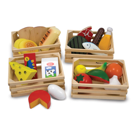 melissa and doug childrens toy food groups wooden crates with wooden fruit veg dairy meat eggs