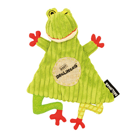 Deglingos baby frog bright green corduroy comforter with red feet and big smile