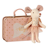 Maileg Guardian Angel Mouse standing by pink suitcase an enchanting soft toy gift for girls birthday