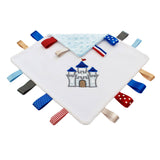 Taggy with Knights Castle appliqué and colourful satin ribbons a 30cm treasured keepsake blankie!