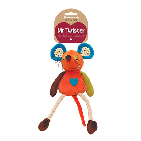 Cute plush bright colourful Millie Mouse rope dog toy for play-time with squeaker inside with tag above