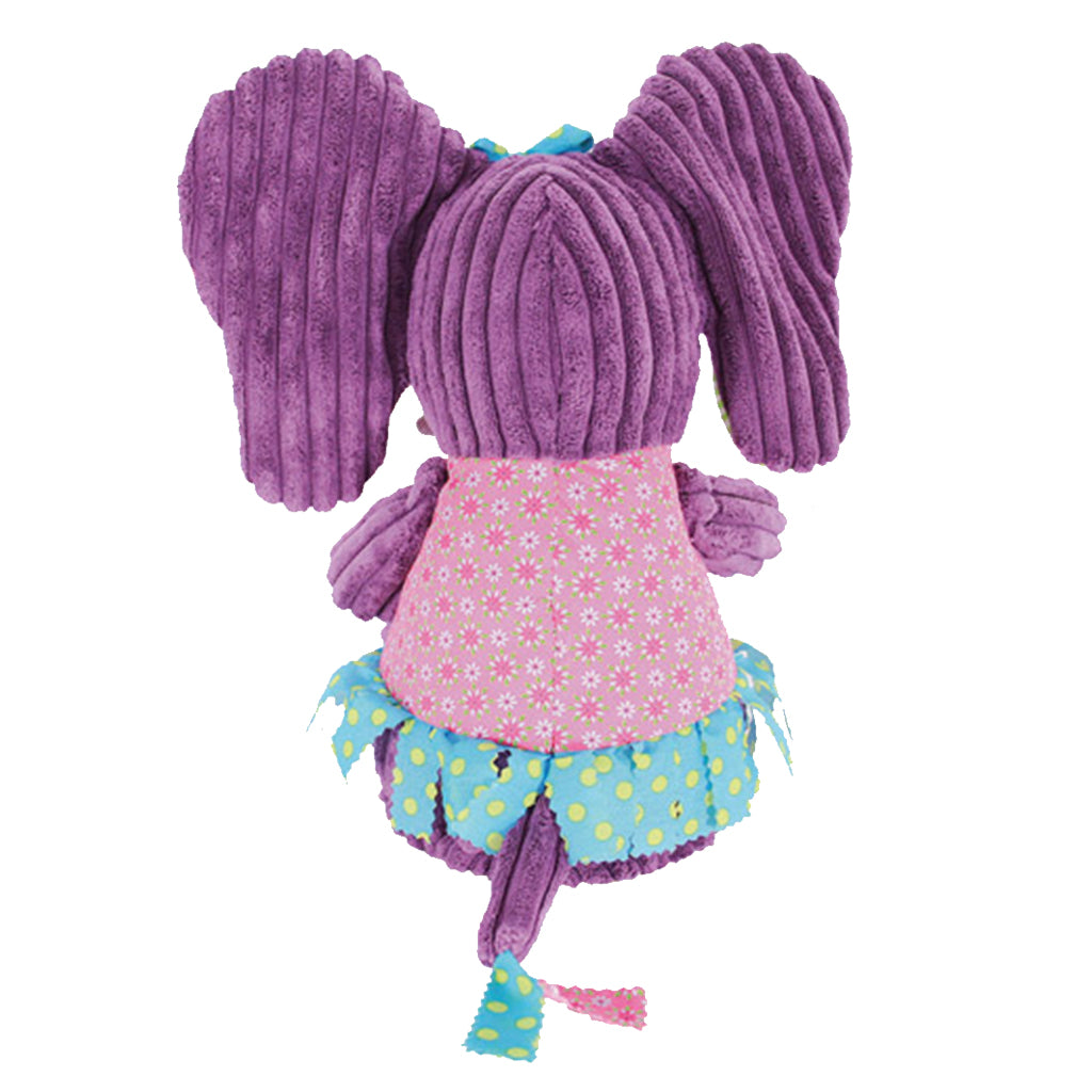 rear view of adorable Deglingos Original Elephant with pink top, blue dress, huge pink and cream ears and a long purple nose