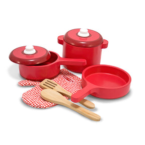 melissa and doug eight piece children’s red wooden pan set with spoons spatula and oven mitt