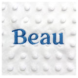 Personalised view of a lovely unique eco friendly handmade Baby Taggy comforter Professionally made using 'Wild Rose' fabric