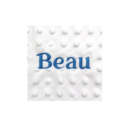 Example of the embroderied name for a lovely unique handmade Baby Taggy comforter using pretty 'Floral Elephant' fabric which can be personalised.