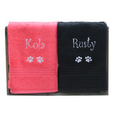 Two pet towels pink and black embroidered or personalised with Kola and Rusty