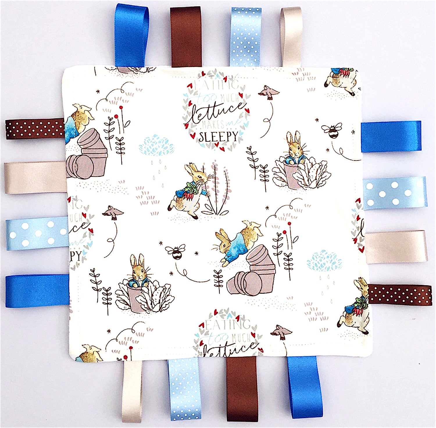 Peter Rabbit Cotton Fabric Minky Taggy with Blue Ribbons