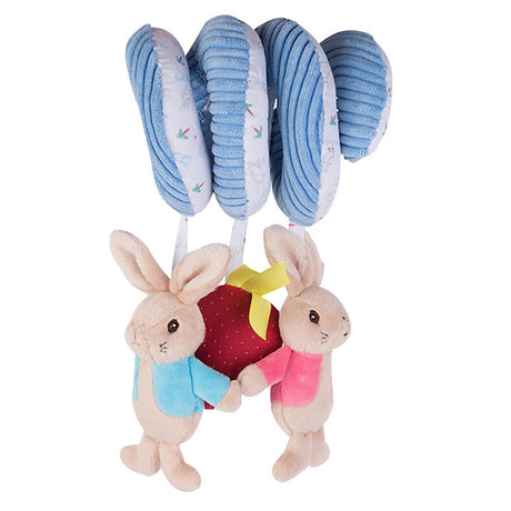 A view of Peter Rabbit Activity Spiral made from a soft corded plush fabric with a patterned underside.  Includes: a soft Flopsy with crinkle, a soft plush Peter with crinkle, and textured soft strawberry with squeaker