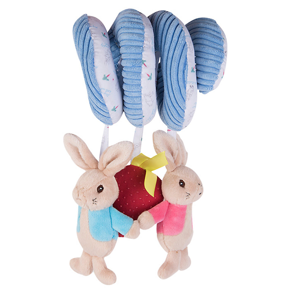 A view of Peter Rabbit Activity Spiral made from a soft corded plush fabric with a patterned underside.  Includes: a soft Flopsy with crinkle, a soft plush Peter with crinkle, and textured soft strawberry with squeaker