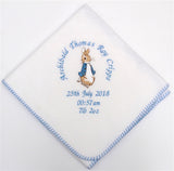Beatrix Potter Peter Rabbit blanket personalised around an embroidered blue coat bunny 