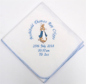Beatrix Potter Peter Rabbit blanket personalised around an embroidered blue coat bunny 