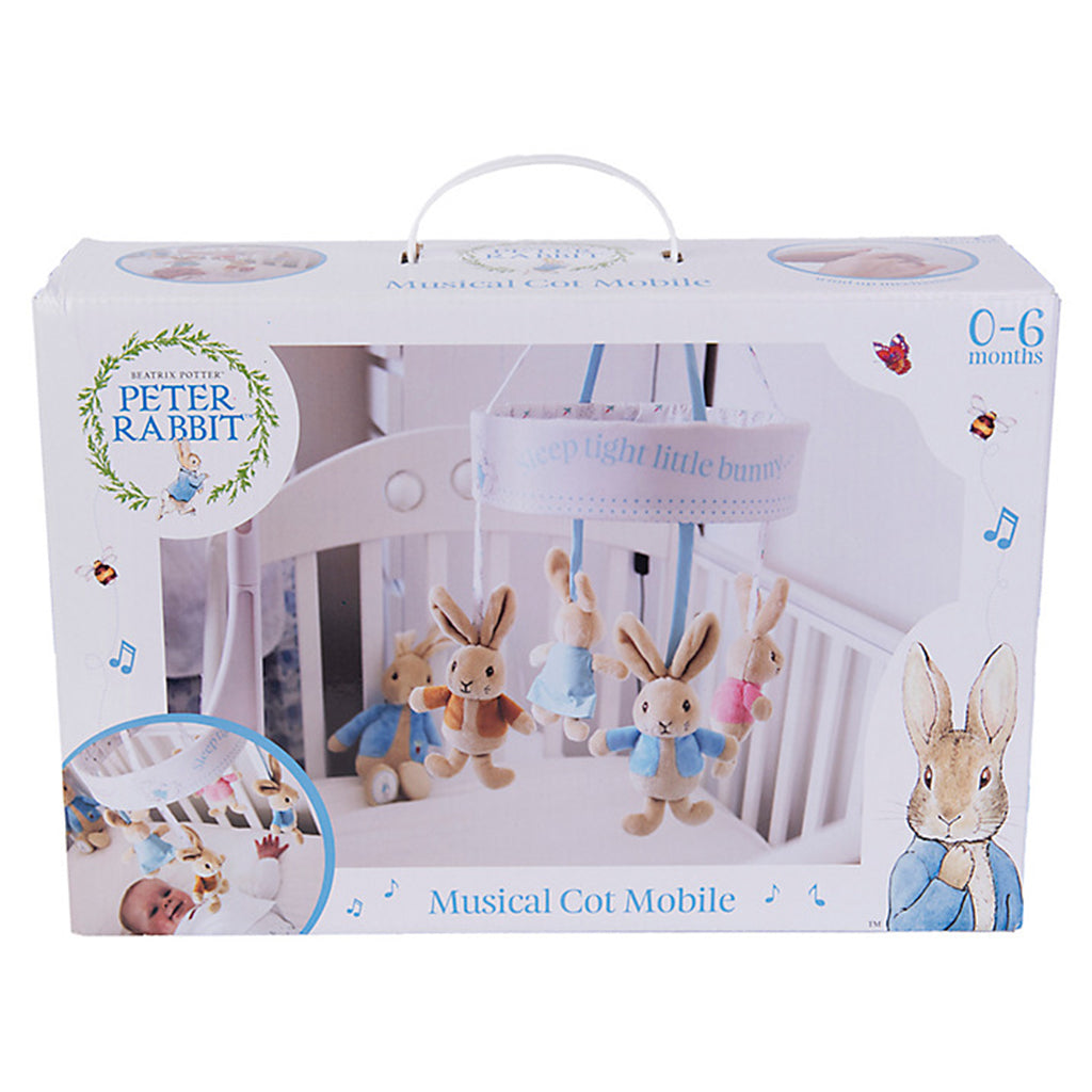 Box package within has the beautiful Peter Rabbit musical cot mobile features four adorable characters from the original tales of Beatrix Potter. Peter Rabbit, Flopsy Bunny, Benjamin Bunny and Cotton Tail hang from a circular fabric mobile with cute "Sleep tight little bunny" wording.