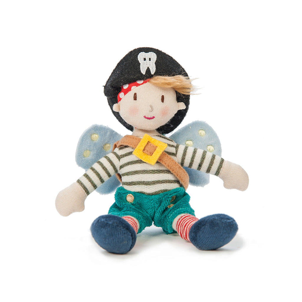 Sitting down Ragtales soft impish pirate tooth fairy is a boys toy gift wearing backpack for lost milk teeth