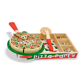 melissa and doug pizza six sliceable pieces  pizza cutter, spatula and 50 toppings with wooden box