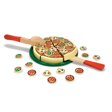 melissa and doug childrens pizza set, pizza with pepperoni peppers and mushroom toppings in a wooden box