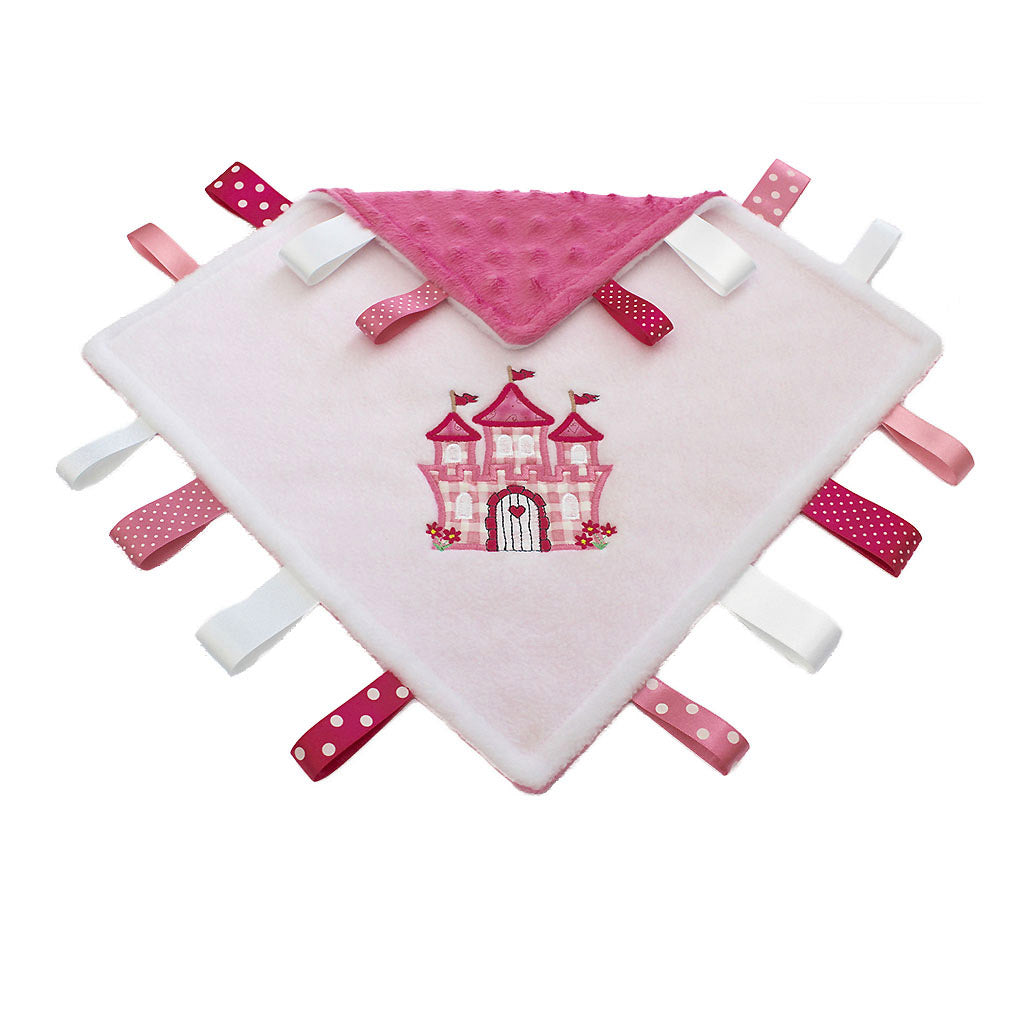 Personalised Minky taggy comforter with appliquéd Princess Castle matching satin tags 30cm keepsake