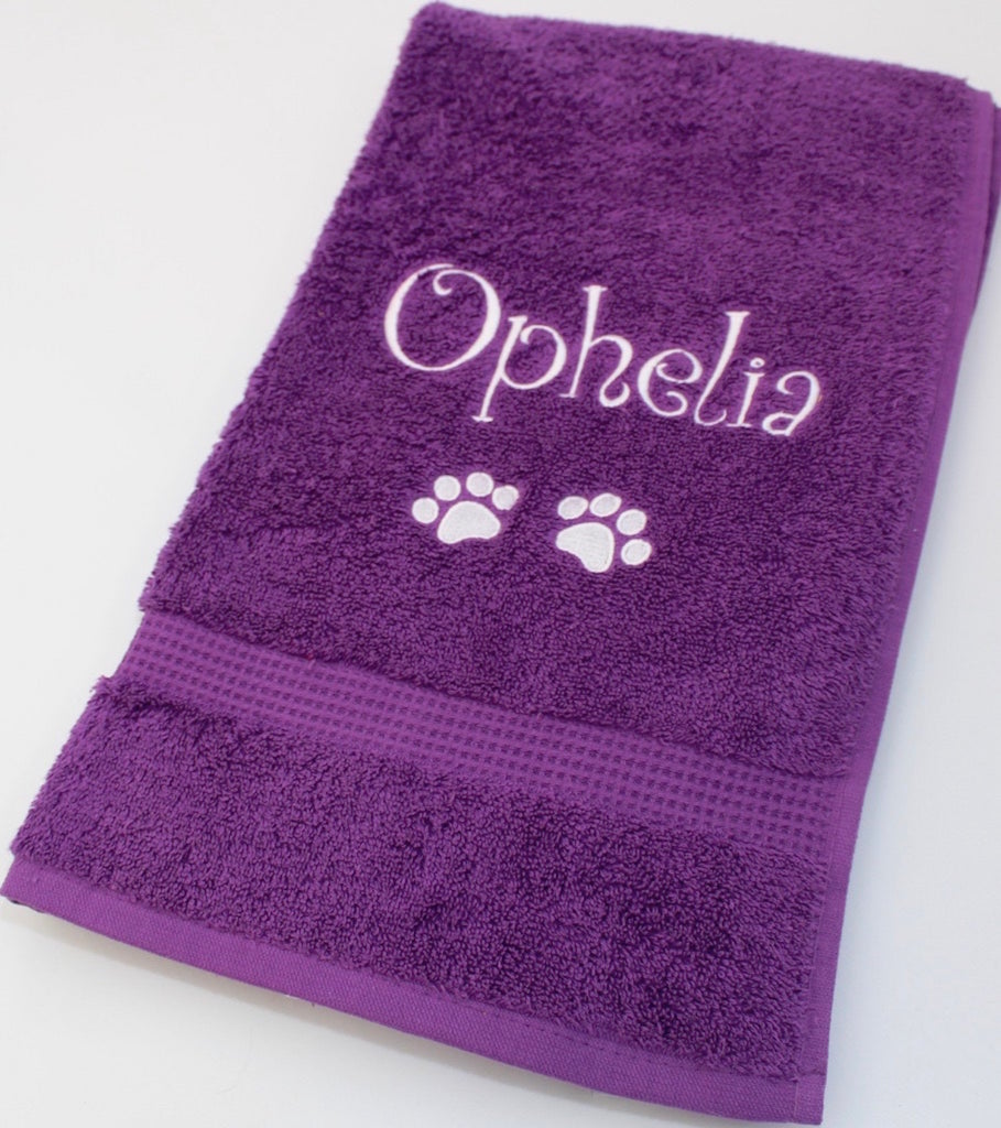 Large size purple Pet Cat Bath Towel embroidered or personalised with name and paw prints