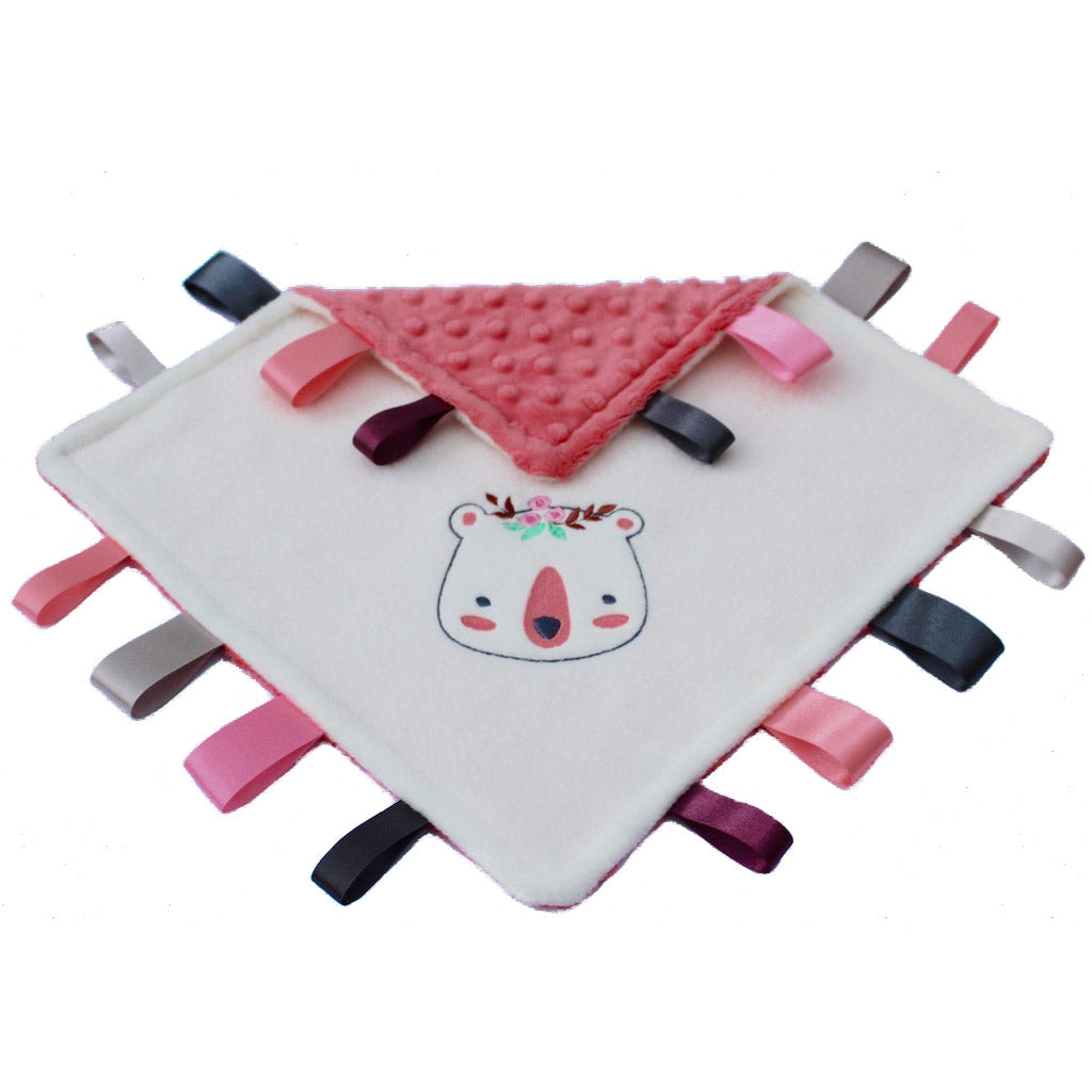 Quirky baby toddler taggy blanket with friendly Bear Head embroidery design handmade in cream and coral