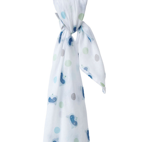 close up of aOrganic piccalilly blue racoons and spots on white muslin swaddle for baby nursery