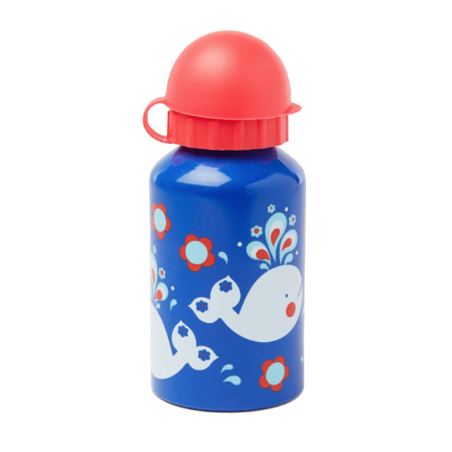 retro whale print childs water bottle in bright blue with white whale and flowers