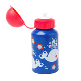retro whale print childs water bottle in bright blue with white whale and flowers red screw lid