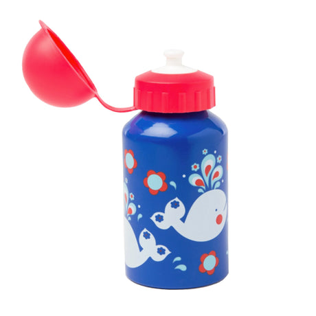 retro whale print childs water bottle in bright blue with white whale and flowers red screw lid