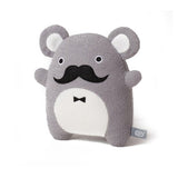 Side view of Noodoll Ricedapper gentle happy monster with striking black moustache embroidered face soft grey fur