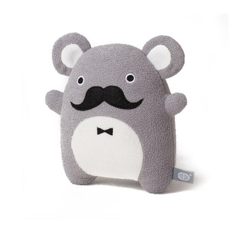 Side view of Noodoll Ricedapper gentle happy monster with striking black moustache embroidered face soft grey fur